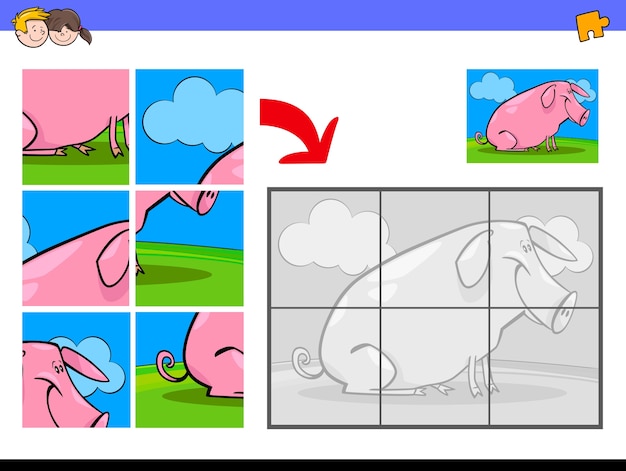 豚の動物キャラクターとジグソーパズル