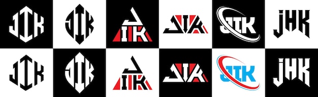 JIK letter logo design in six style JIK polygon circle triangle hexagon flat and simple style with black and white color variation letter logo set in one artboard JIK minimalist and classic logo