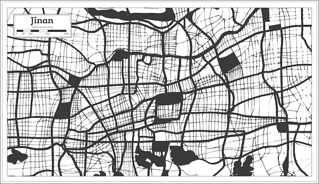 Jinan China City Map in Black and White Color in Retro Style Outline Map