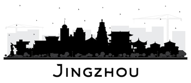 Jingzhou China City Skyline Silhouette with Black Buildings Isolated on White