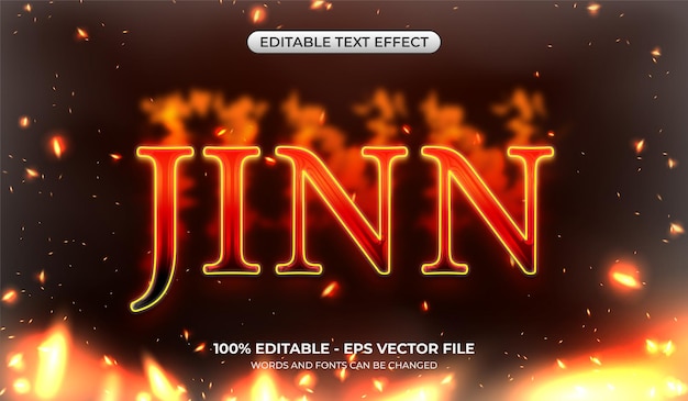 Vector jinn text effect with flames editable burnt font style effect realistic fire style template