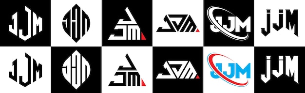 6가지 스타일의 JJM 문자 로고 디자인 JJM 다각형 원형 삼각형 육각형 평평하고 단순한 스타일(흑백 색상 변형 문자 로고가 하나의 아트보드에 설정됨) JJM 미니멀리스트 및 클래식 로고