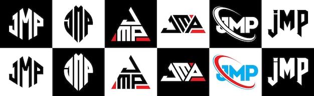 JMP letterlogo-ontwerp in zes stijlen JMP veelhoek cirkel driehoek zeshoek platte en eenvoudige stijl met zwart-witte kleurvariatie letterlogo in één tekengebied JMP minimalistisch en klassiek logo
