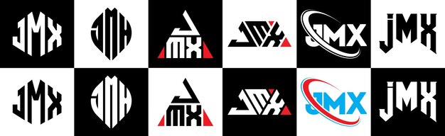 JMX letterlogo-ontwerp in zes stijlen JMX veelhoek cirkel driehoek zeshoek platte en eenvoudige stijl met zwart-witte kleurvariatie letterlogo in één tekengebied JMX minimalistisch en klassiek logo