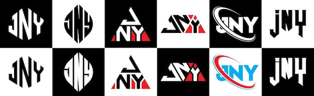 Vector jny letterlogo-ontwerp in zes stijlen jny veelhoek cirkel driehoek zeshoek platte en eenvoudige stijl met zwart-witte kleurvariatie letterlogo in één tekengebied jny minimalistisch en klassiek logo