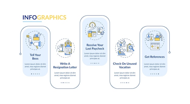 job change checklist vector infographic template. how leave your job presentation design elements. data visualization with 5 steps. process timeline chart. workflow layout with linear icons