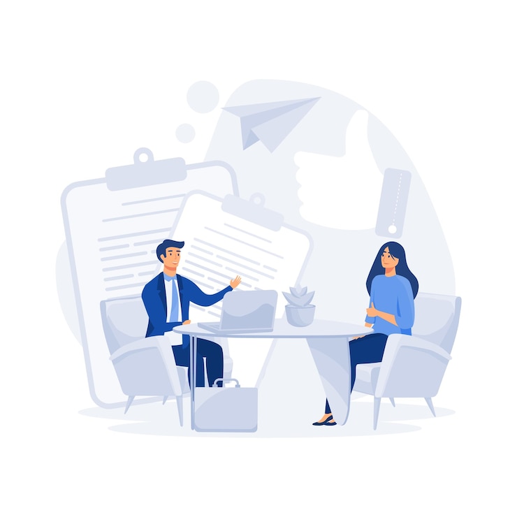 Vector job interview concept jobseeker and employer sit at the table and talk good impression flat vector modern illustration