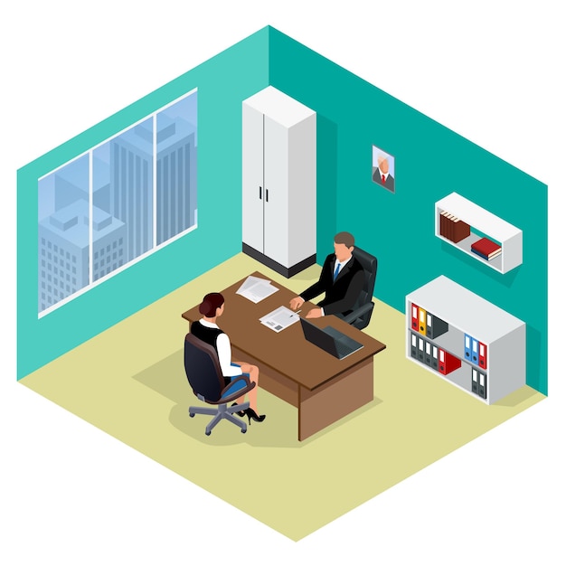 Job interview. Job applicants. Concept of hiring worker. Candidate and recruitment, hire and interviewer, decision and examination. Flat 3d isometric illustration. Meeting isometric