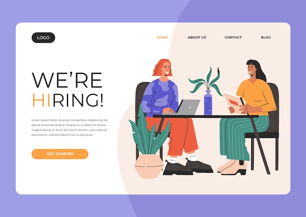 Vector job interview landing page template, happy woman recruiter have business conversation with candidate for a vacancy.