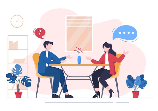 Job Interview Meeting, Candidate and HR Manager. Idea of Employment and Hiring, Business Man or Woman at Table, Vector Illustration For Conversation, Career, Human Resource Concept