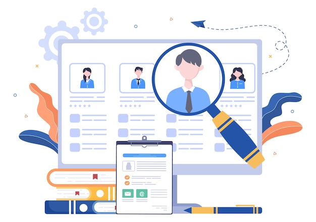 Vector job interview online service or platform, candidate and hr manager. business man or woman at table, vector illustration for conversation, career, human resource concept