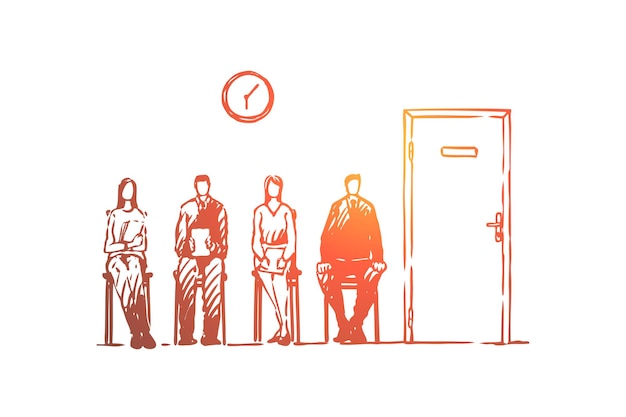 Vector job interview queue, men and women in formal clothes sitting in hallway illustration