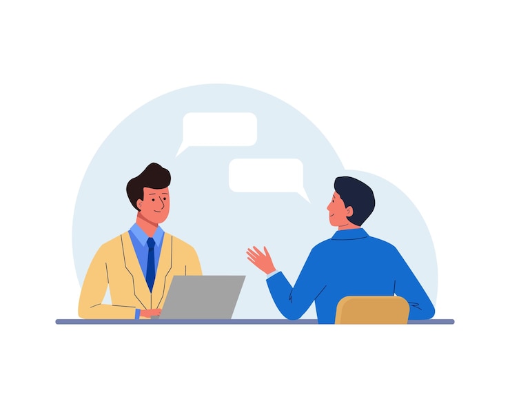Vector job interview with the candidate hr manager with laptop talking to a young man vector illustration in flat style for human resource concept