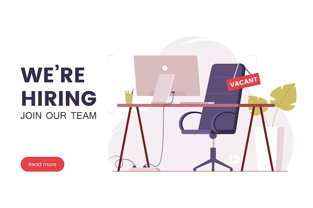 Vector job offer banner design workplace in the office with an empty chair and a vacancy sign