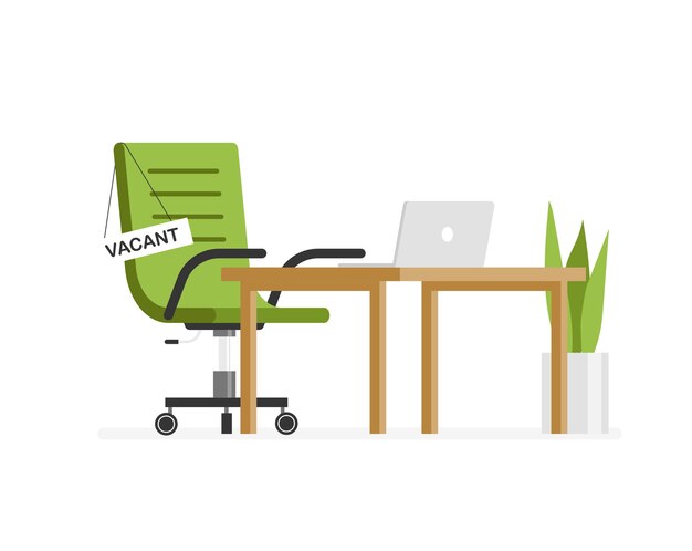 Vector job offer banner place of work with office table and empty chair recruiting and hiring open vacancy