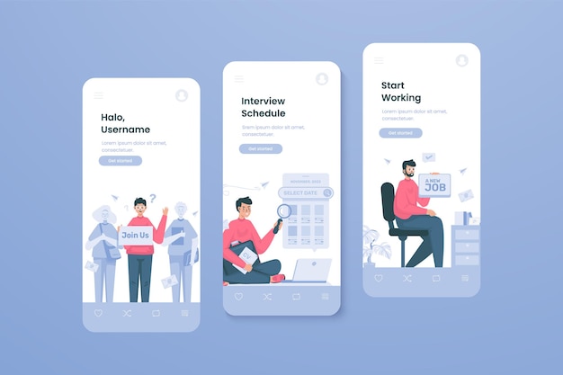 Vector job recruitment interview process illustration on mobile onboard screen template