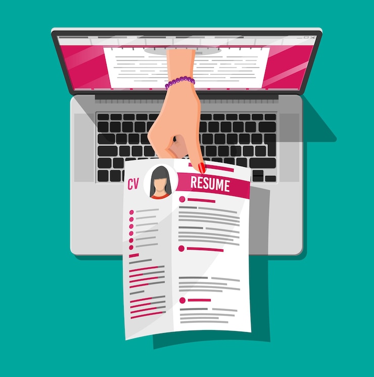 Vector job resume document out from laptop. hand holding cv resume papers. human resources management concept, searching professional staff, work. found right resume. vector illustration in flat style