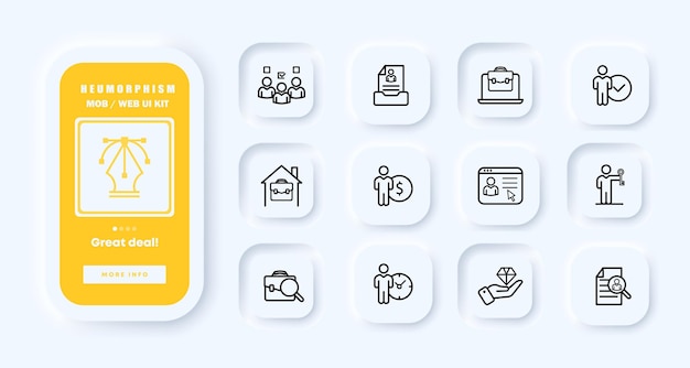 仕事検索セット アイコン 履歴書ポートフォリオ収入投票候補者の仕事職業賃金収入バックパック キー ビジネス コンセプト ネオモーフィズム UI 電話アプリ画面 ビジネスのベクトル線アイコン