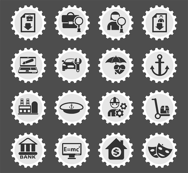 Job search symbols on a round postage stamp stylized icons