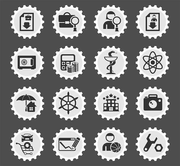 Job search symbols on a round postage stamp stylized icons