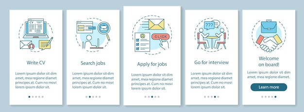 Job searching onboarding mobile app page screen vector template. Write CV, apply job, interview, getting work graphic instructions. Website steps with linear icons. UX, UI, GUI smartphone interface