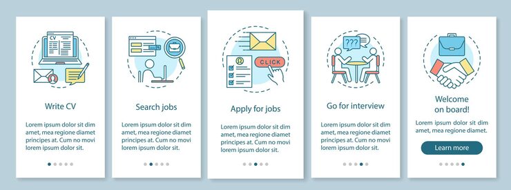 Vector job searching onboarding mobile app page screen vector template. write cv, apply job, interview, getting work graphic instructions. website steps with linear icons. ux, ui, gui smartphone interface