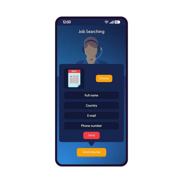 Vettore modello vettoriale dell'interfaccia per smartphone per la ricerca di lavoro layout blu dell'app mobile curriculum del profilo del dipendente applicazione dell'interfaccia utente del cv trova lavoro online schermata opportunità di lavoro candidati per un lavoro display del telefono