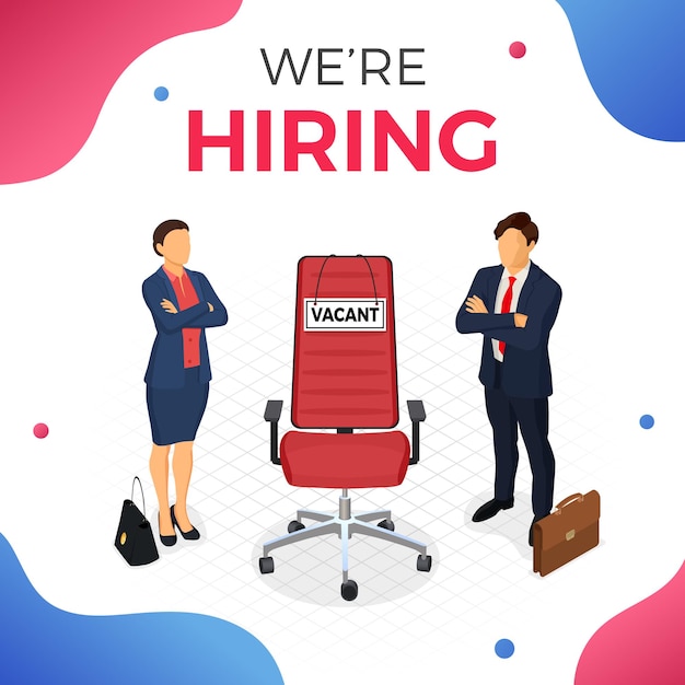 Job seekers for position and office chair with sign vacant