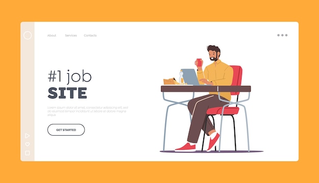 Modello di pagina di destinazione del sito di lavoro concetto di lavoro freelance remoto uomo freelance seduto in poltrona che lavora a distanza