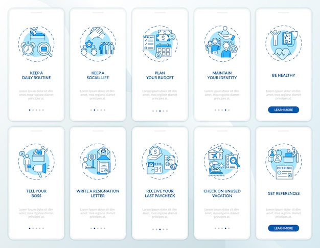 Schermata della pagina dell'app per dispositivi mobili per l'onboarding della transizione di lavoro impostata con concetti. suggerimenti per il cambio di lavoro procedura dettagliata 5 passaggi istruzioni grafiche.