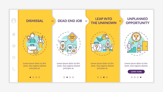 Job transition reasons onboarding mobile app page screen with concepts. Transition causes walkthrough 4 steps graphic instructions. UI, UX, GUI vector template with linear day mode illustrations