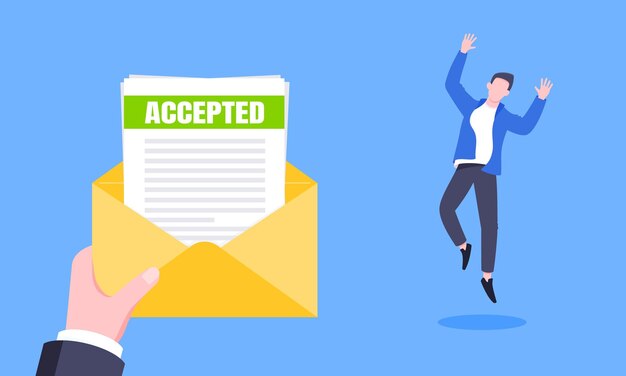 Job or university acceptance letter with envelope and paper sheets document email