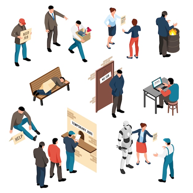 Vector jobless isometric set of beggars needy tramps fired characters and workers looking for temporary work isolated vector illustration