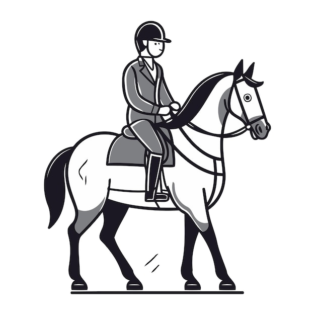 Vector jockey riding a horse black and white vector illustration graphic design