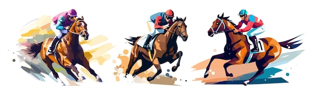 Jockeys rijden renpaarden op een hoge snelheid set vlakke stijl vectorillustraties geïsoleerd op wit