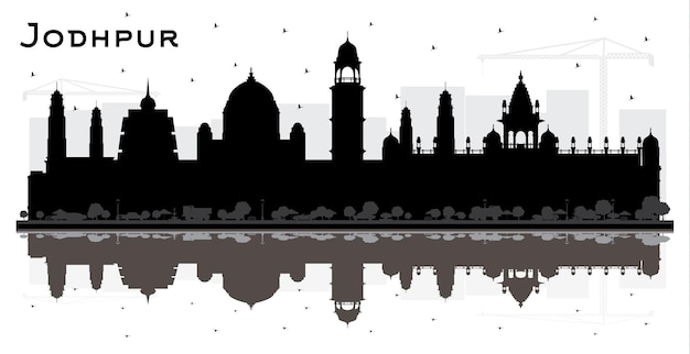 Jodhpur India City Skyline van silhouet met zwarte gebouwen en reflecties geïsoleerd op wit