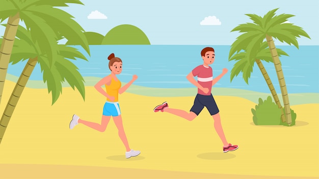 Vector jogging sport people on the beach