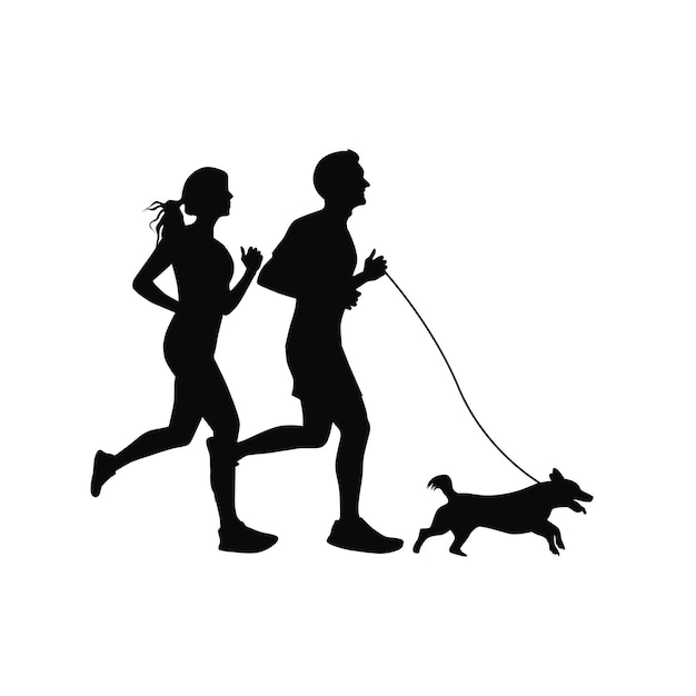 Vector jogging with pet man and woman runs together with dog