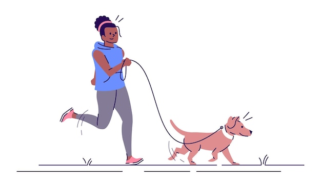 Vettore jogging donna con illustrazione vettoriale piatto cane. fitness, attività sportiva. attraente ragazza afroamericana che corre con personaggi dei cartoni animati isolati da animali domestici con elementi di contorno su sfondo bianco