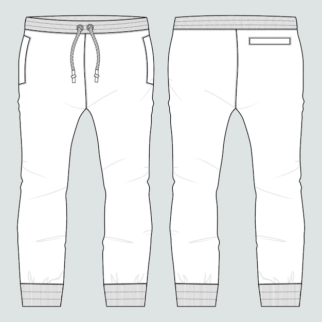 Joggingbroek technische mode platte schets vector illustratie sjabloon voor- en achterkant