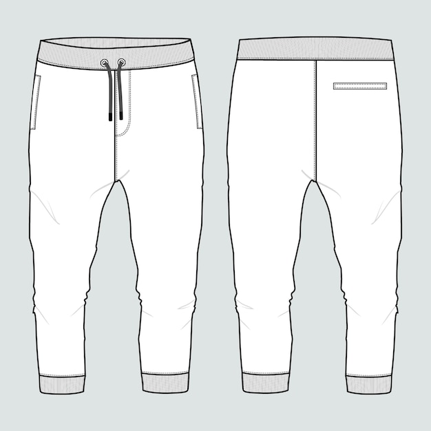 Joggingbroek technische mode platte schets vector illustratie sjabloon voorzijde achteraanzichten