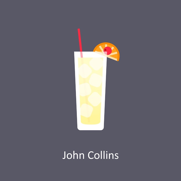 John collins cocktail on dark background in flat style