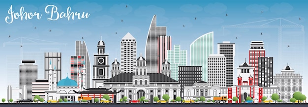 Johor Bahru Malaysia Skyline with Gray Buildings and Blue Sky. Vector Illustration.