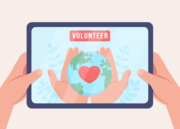 Join environmental volunteering online flat color vector illustration