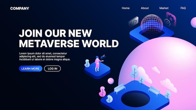 Присоединяйтесь к нашему новому шаблону целевой веб-страницы metaverse world metaworld