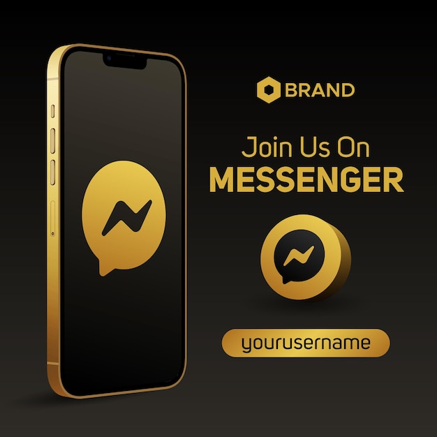 Join us on Messenger logo golden 3d smartphone mockup banner social media post