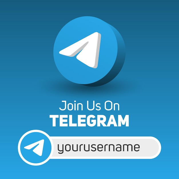 Присоединяйтесь к нам на квадратном баннере в социальных сетях telegram с 3d-логотипом и полем для имени пользователя