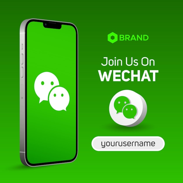 Wechat 3d 일러스트레이션 로고 사용자 이름 스마트폰 화면 모형 배너 소셜 미디어 게시물에 참여하세요.