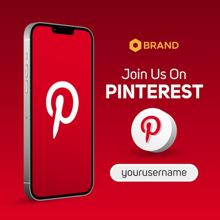 Вектор присоединяйтесь к нам на pinterest 3d иллюстрация логотип макет экрана смартфона баннер для публикации в социальных сетях