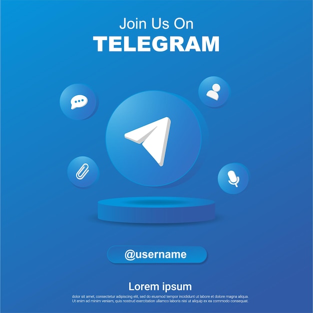 Join us on telegram social media square banner with 3d logo